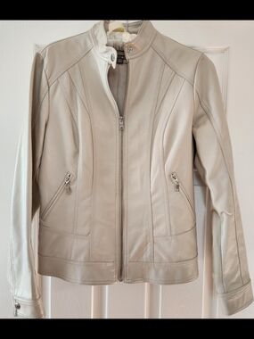 Roz & Ali Cream Faux Leather Zip-Front Moto Jacket